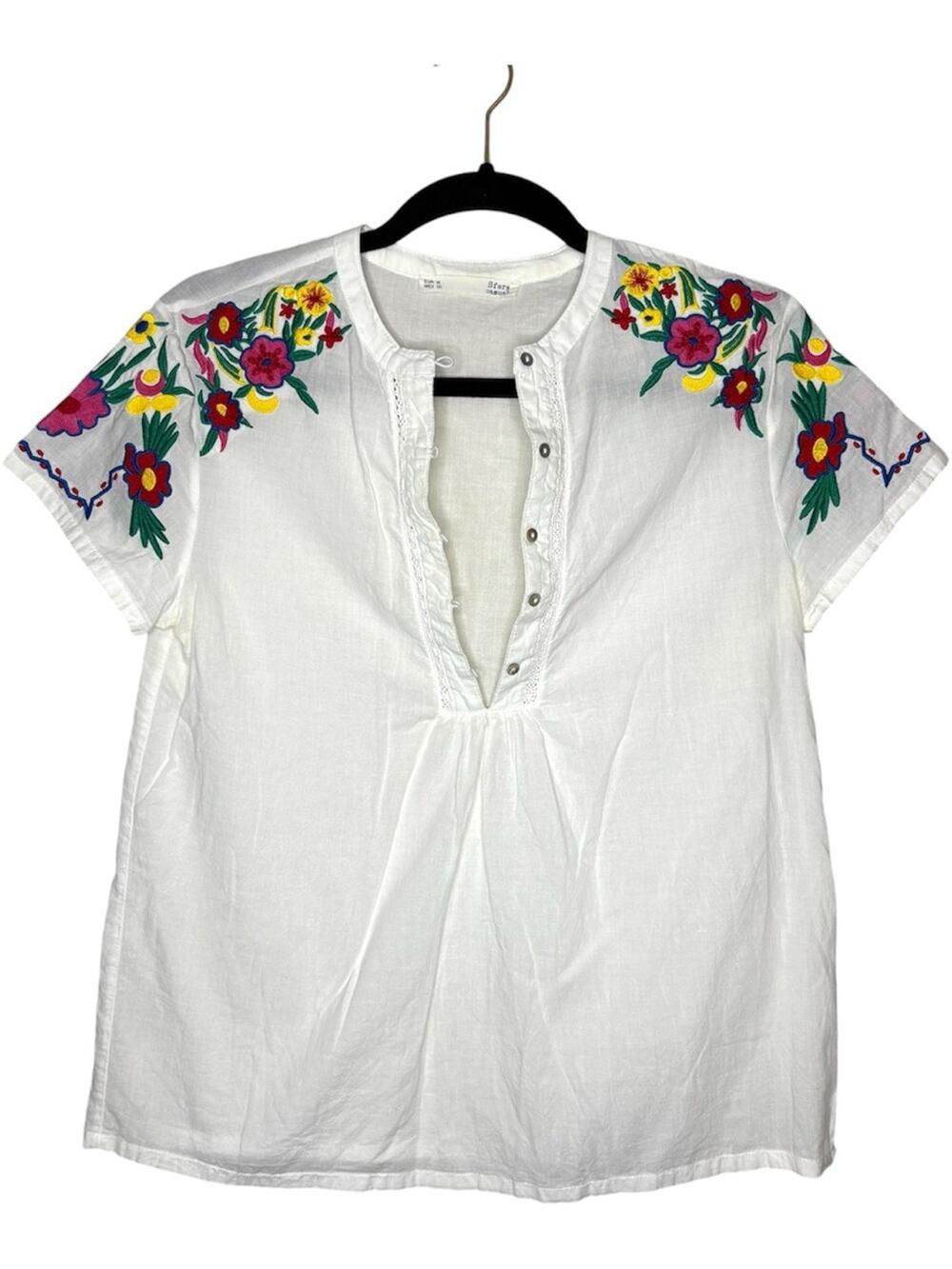White cotton embroidered floral appliques summer top women's size medium